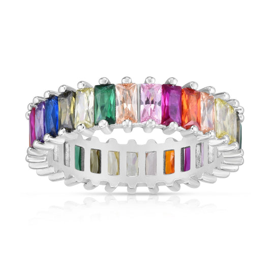 Sterling Silver Rainbow CZ Baguette Eternity Band