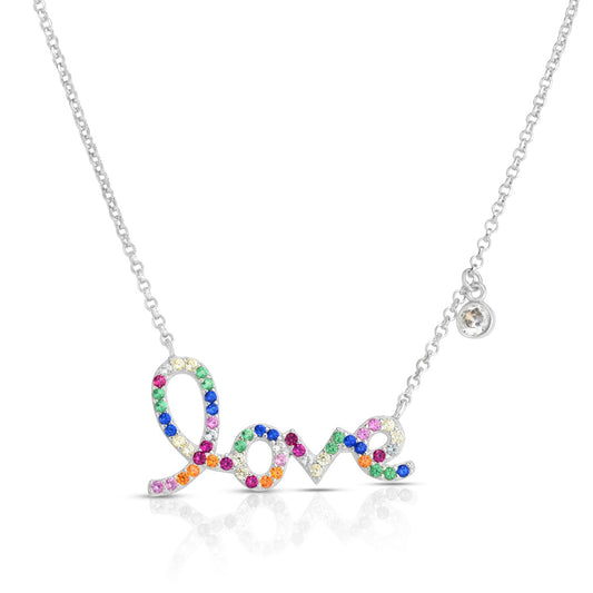 Sterling Silver and Rainbow CZ Love Charm Necklace with Dangle Accent