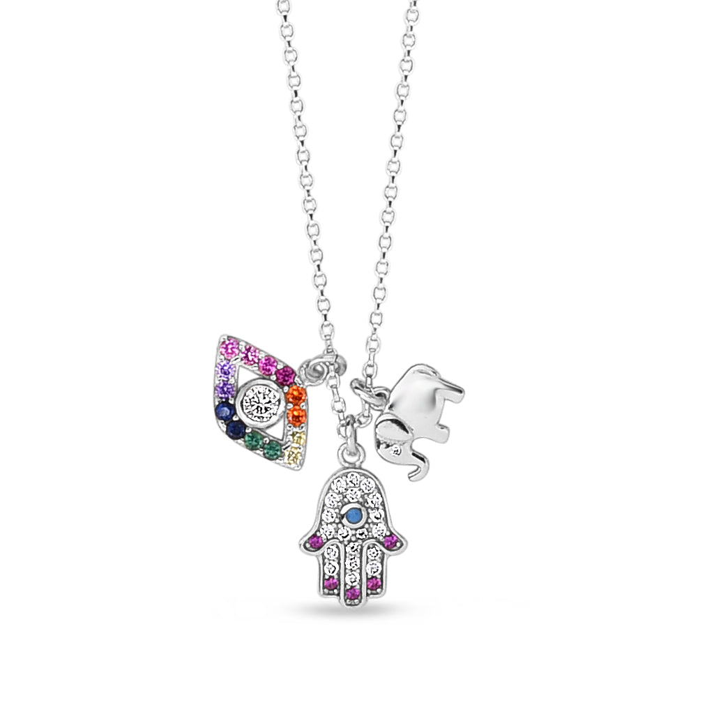Sterling Silver and Rainbow CZ Charm Dangle Necklace