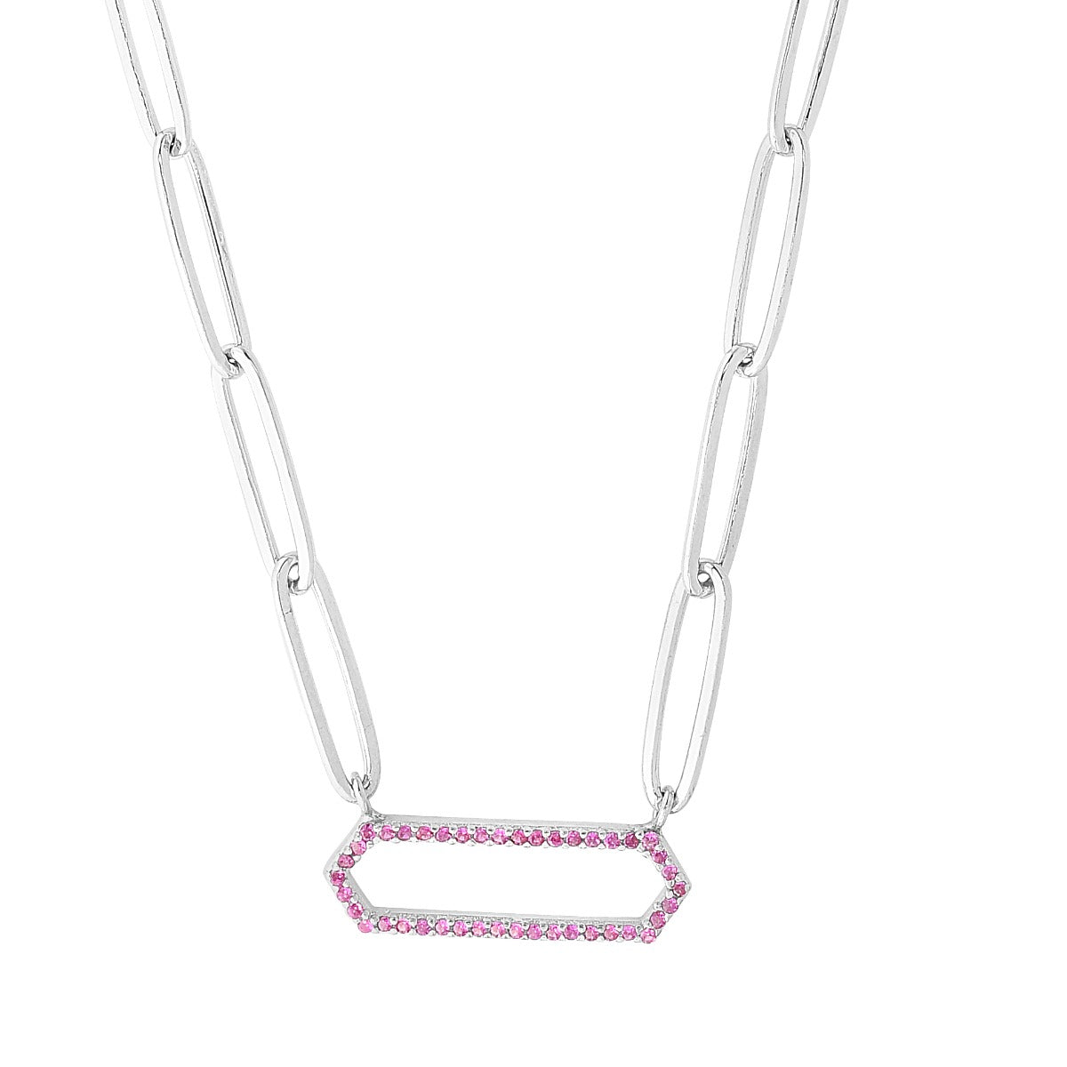 Sterling Silver with Hex Charm and Colored CZ Paperclip Necklace with Loster Clasp