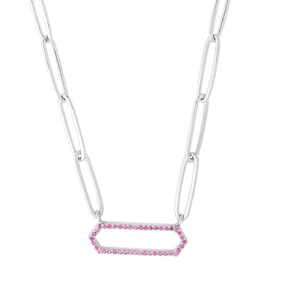 Sterling Silver with Hex Charm and Colored CZ Paperclip Necklace with Loster Clasp