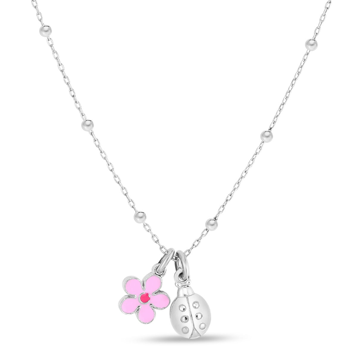 Sterling Silver Polished Enamel Flower Ladybug Necklace with Lobster Clasp