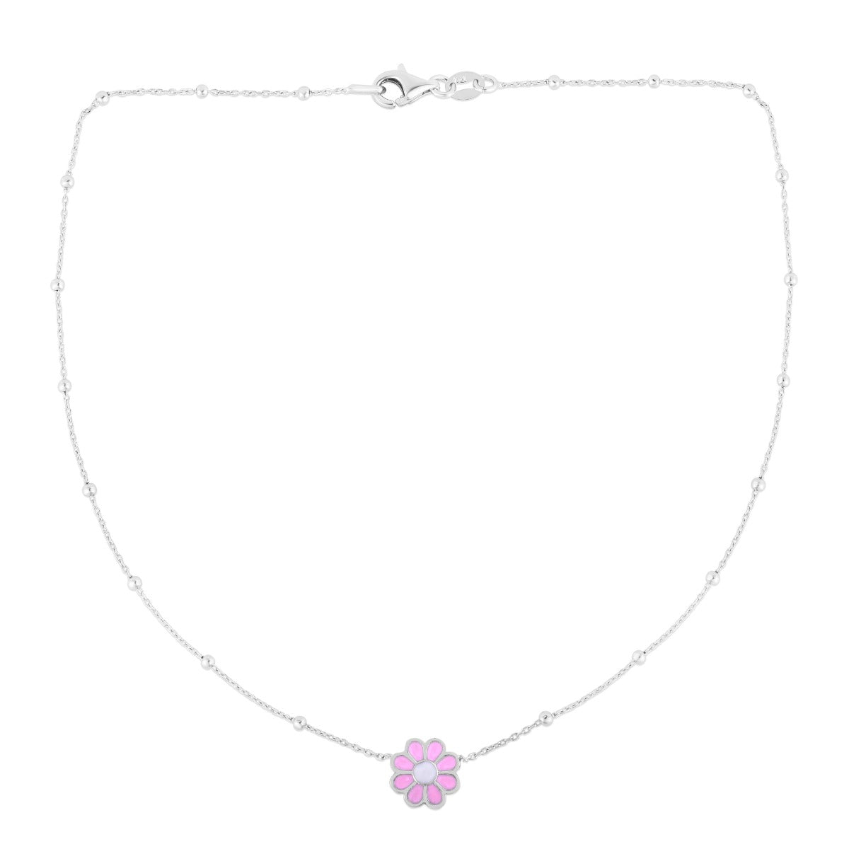 Sterling Silver Polished Enamel Pink Flower Necklace with Lobster Clasp