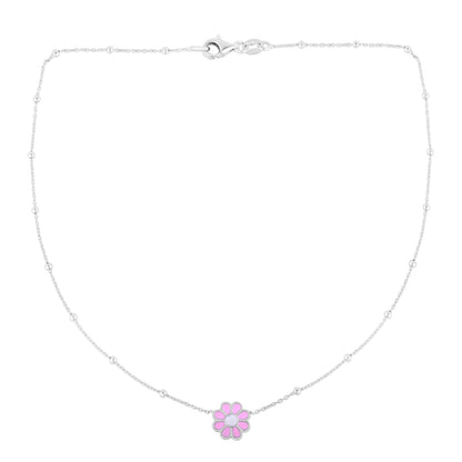 Sterling Silver Polished Enamel Pink Flower Necklace with Lobster Clasp