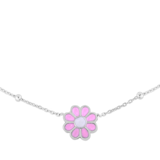 Sterling Silver Polished Enamel Pink Flower Necklace with Lobster Clasp