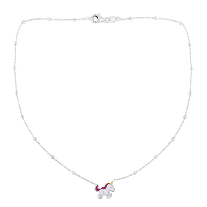 Sterling Silver Polished Enamel Unicorn Charm Necklace with Lobster Clasp