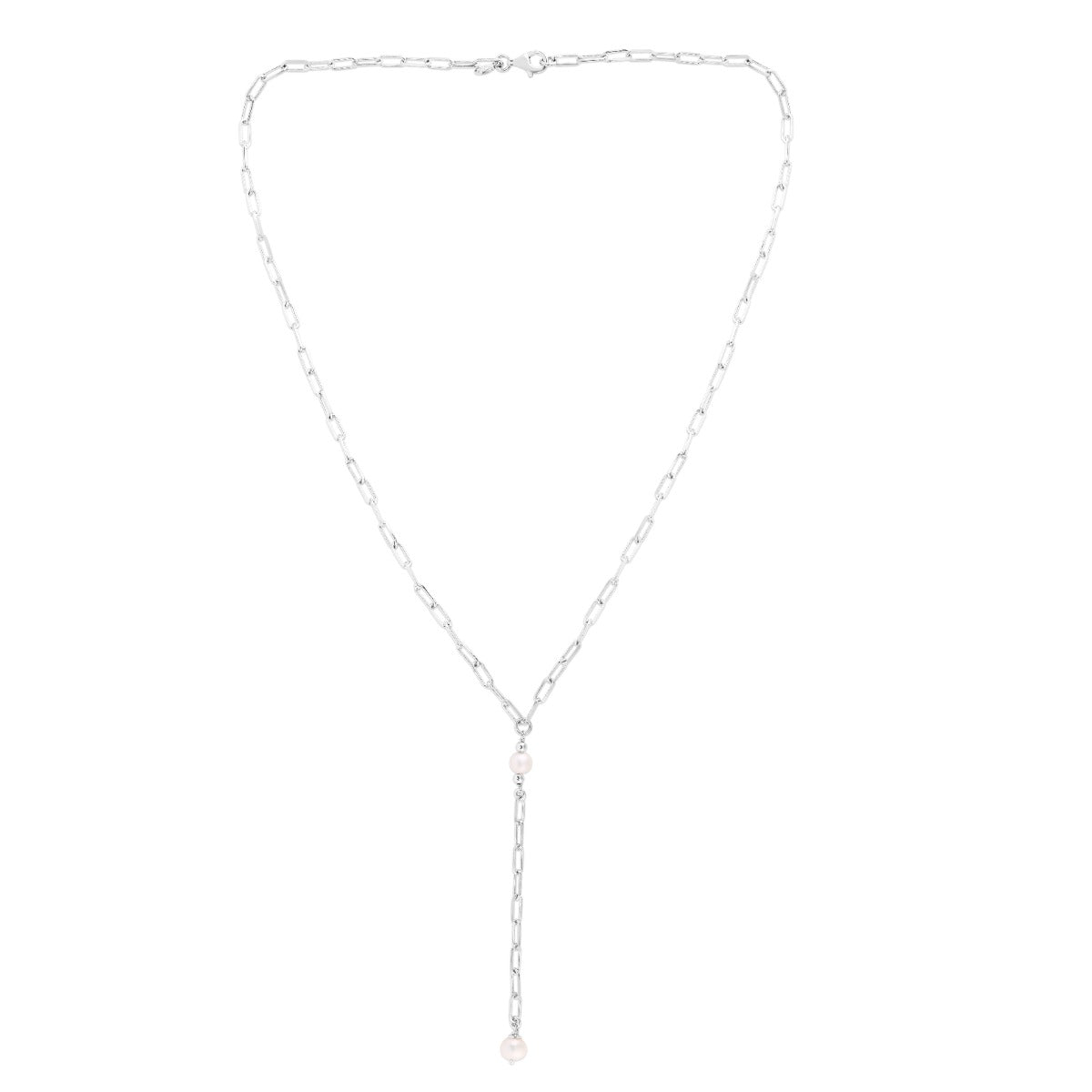 Sterling Silver Polished Pearl Paperclip Lariat Necklace with Lobster Clasp