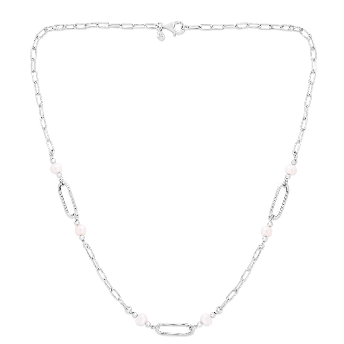 Sterling Silver Polished Pearl Paperclip Necklace with Lobster Clasp