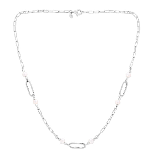 Sterling Silver Polished Pearl Paperclip Necklace with Lobster Clasp