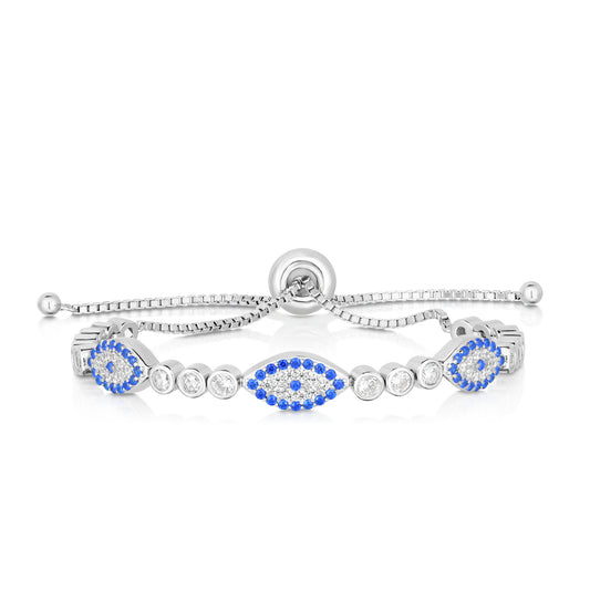 Sterling Silver Enamel and CZ Evil Eye Station Friendship Bracelet