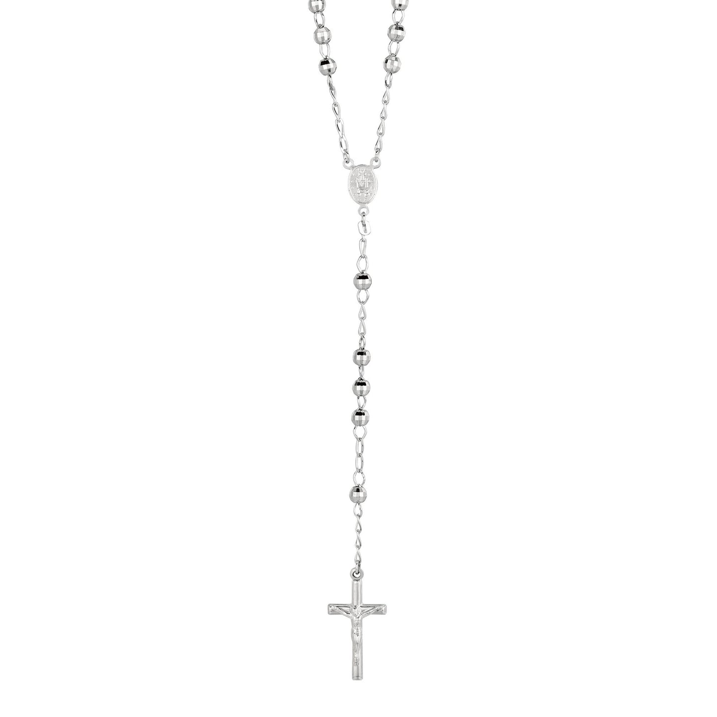 Sterling Silver Diamond Cut Large Bead Rosary Necklace