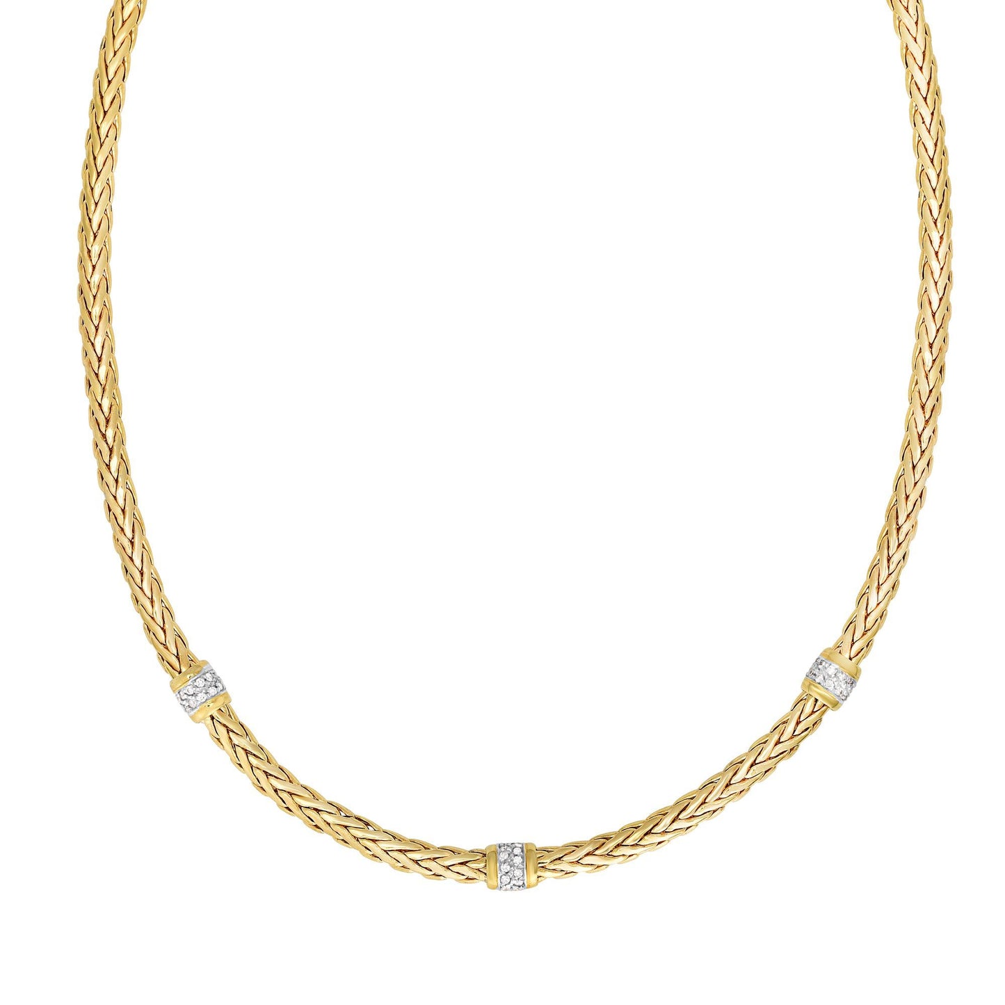 14K Gold and Stationed Diamonds Fancy Woven Braided Necklace with Box Clasp