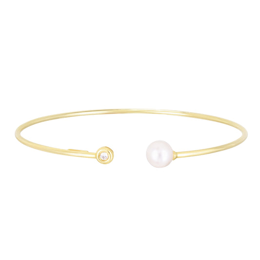 14K Yellow Gold Freshwater Pearl & .035ct Diamond Open Cuff Bangle