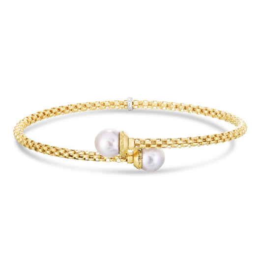 14K Yellow Gold Popcorn Bypass Pearl Bangle