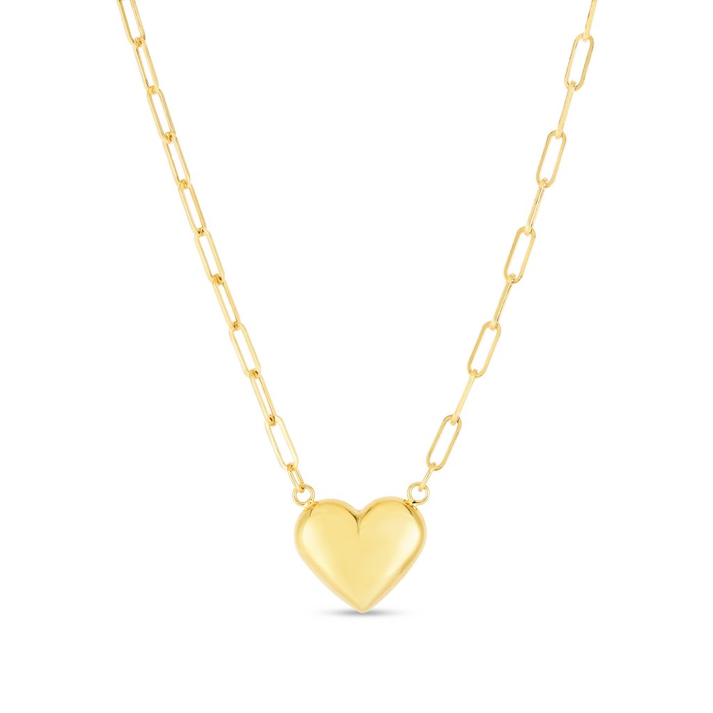 14K Gold Puffed Heart Necklace on Paperclip Chain