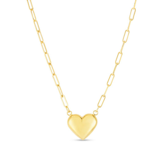 14K Gold Puffed Heart Necklace on Paperclip Chain