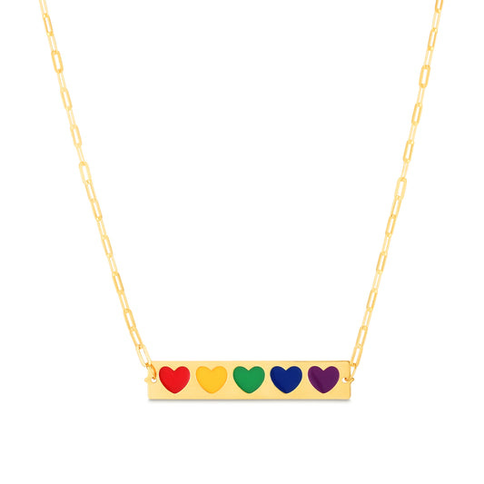 14K Gold Rainbow Enamel Hearts Bar Bracelet