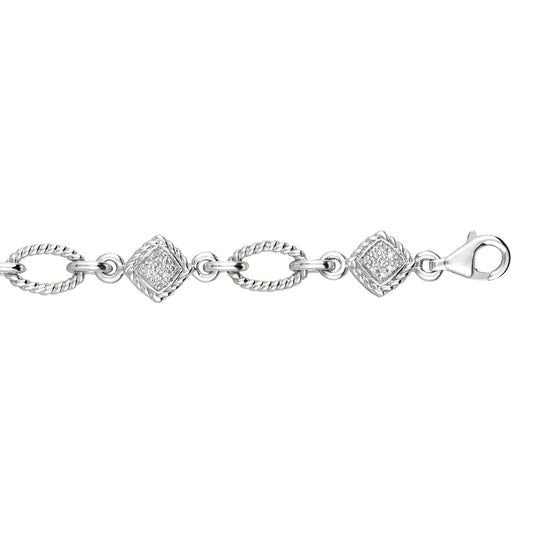 Sterling Silver Open Oval Rope Diamond Accent Link Bracelet