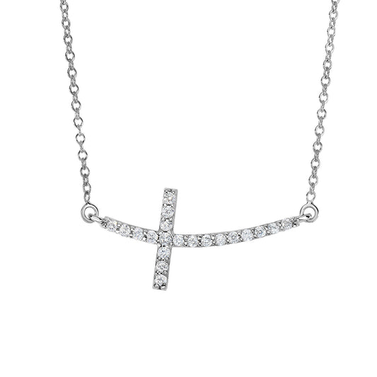 14K Gold Diamond Curved Side Cross Necklace