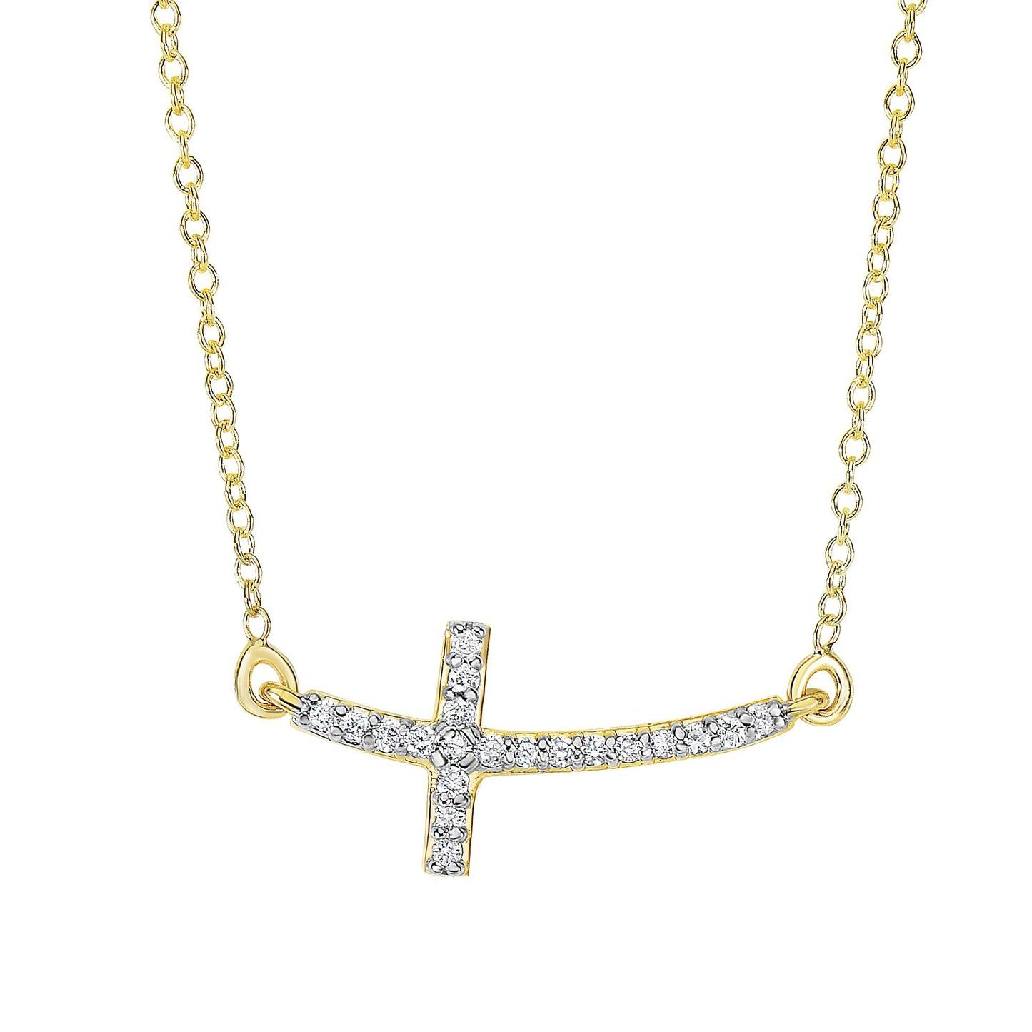 14K Gold Diamond Curved Side Cross Necklace