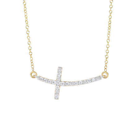 14K Gold Diamond Curved Side Cross Necklace