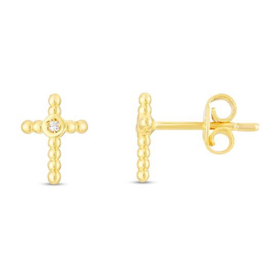 14K Gold Popcorn Cross Stud Earrings with .01ct Diamonds