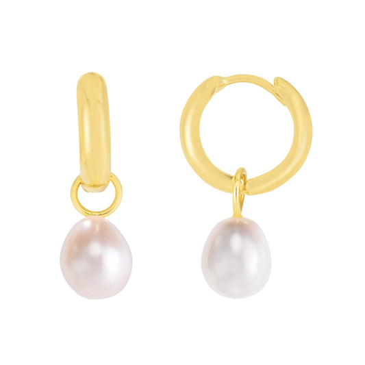 14K Gold Pearl Drop Huggie Earrings with Snap Clasp