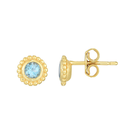 14K Gold Polished Round Beaded Earring with Round Gemstone