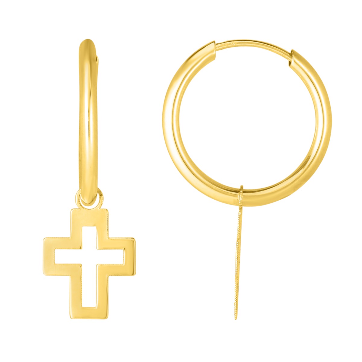 14K Gold Polished Cross Dangle Light Weight Hoop