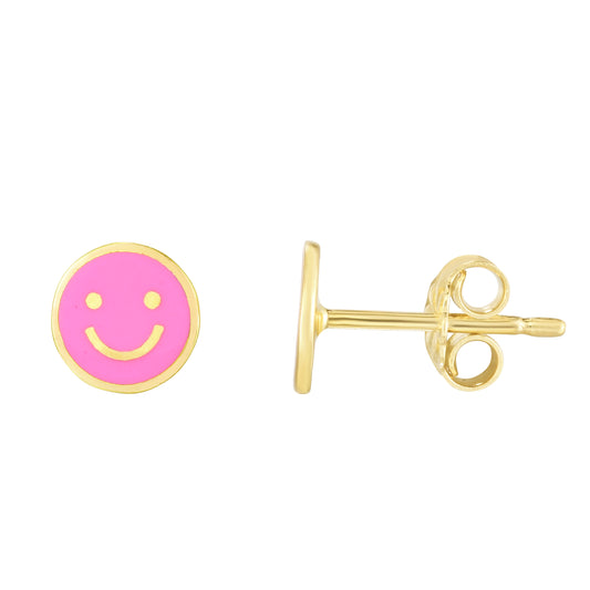 14K Pink Smiley Face Enamel Children's Studs