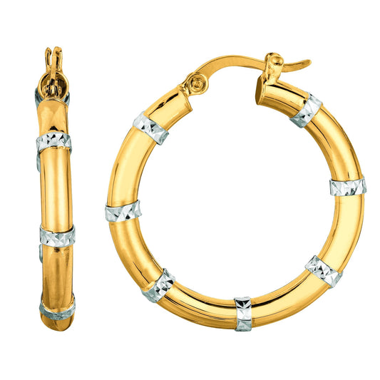 14K Gold Yellow & Diamond Cut Station Hoop Earring