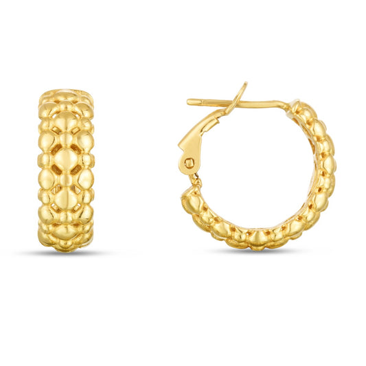 14K Gold Polished Puffed Textured Beads Hoops with Snap Clasp