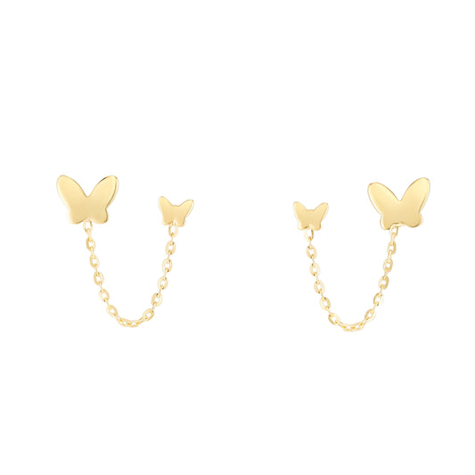 14K Gold Duo Butterfly Chain Earrings. Intended to wear in two holes.