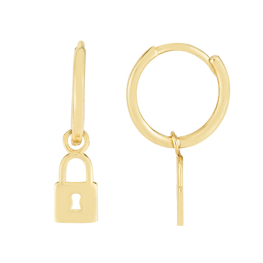 14K Gold Huggies with Lock Dangling Charm