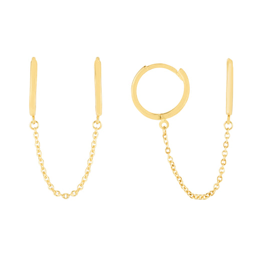 14K Gold Duo Huggie Chain Earrings. Intended to wear in two holes.