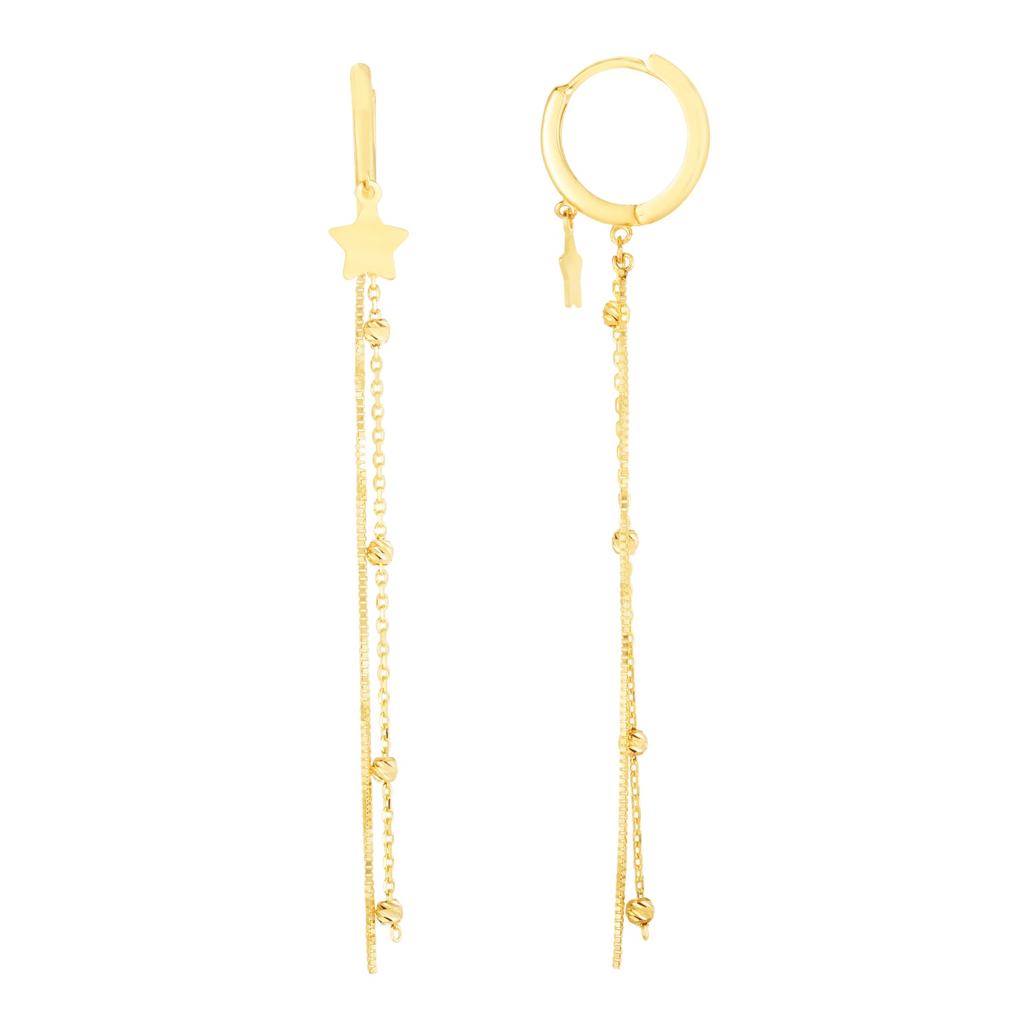 14K Gold Huggie Hoops with Star and Chain Long Drop Dangles