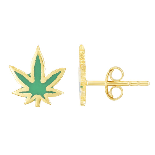 14K Gold Hemp Leaf Enamel Children's Studs