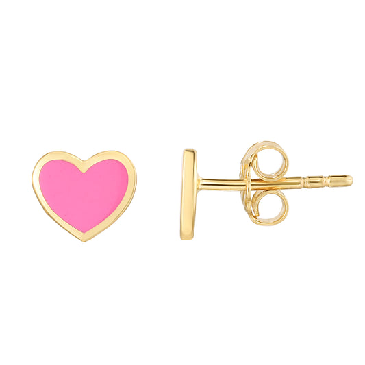 14K Gold Pink Enamel Heart Children's Studs