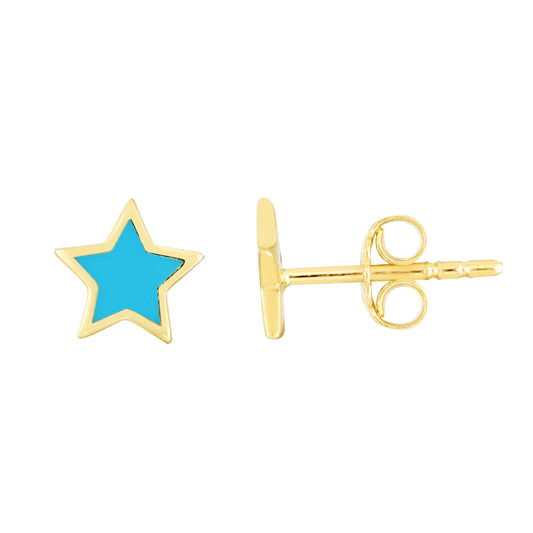 14K Gold Blue Enamel Star Children's Studs