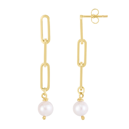 14K Gold Pearl Drop Paperclip Link Earrings