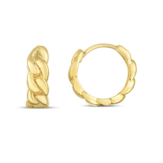 14K Gold Polished Thick Curb Chain Huggie Hoops with Snap Clasp