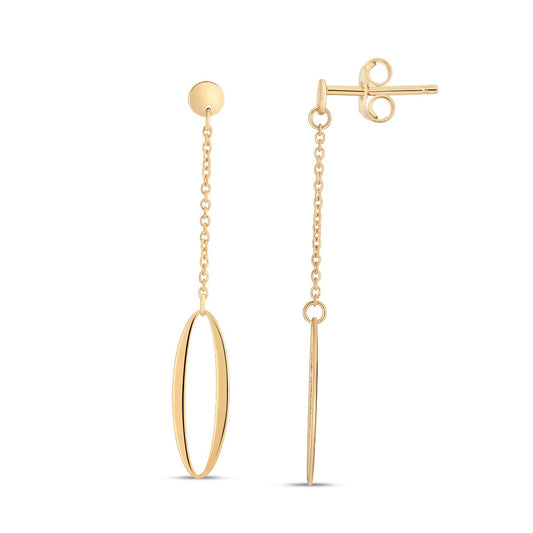 14K Gold Polished Single Oval Drop on a Chain Earrings with Push 
Back Clasp