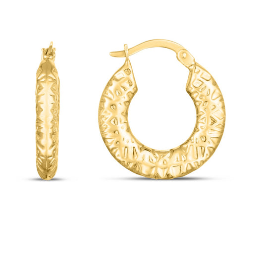 14K Gold Puffed Textured Hoops with Hinged Clasp