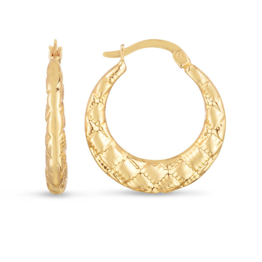 14K Gold Puffed Hoops with Checkerboard Pattern and Hinged Clasp