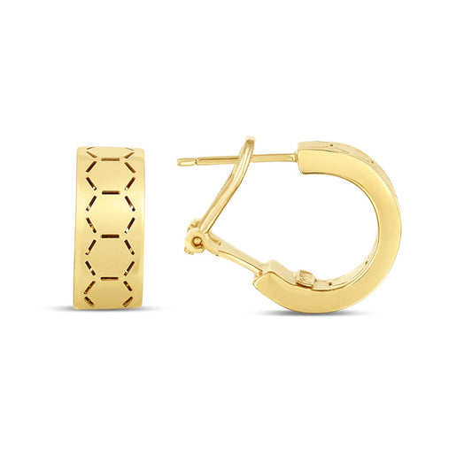 14K Gold Polished Honeycomb Patterned Hoops with Omega Back