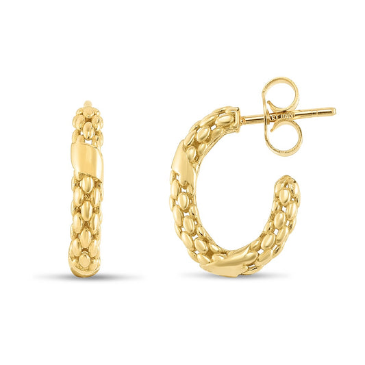 14K Gold Polished Popcorn Bead Hoops, with sash detail. Push Back Closure.