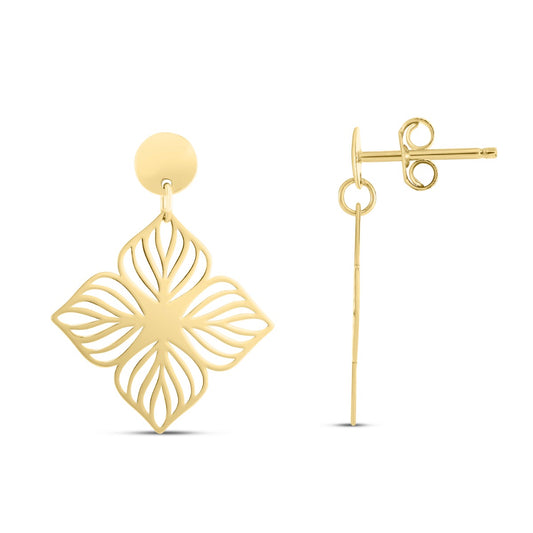 14K Gold Polished Flower Stencil Cutout Drop Earrings with Push Back Clasp