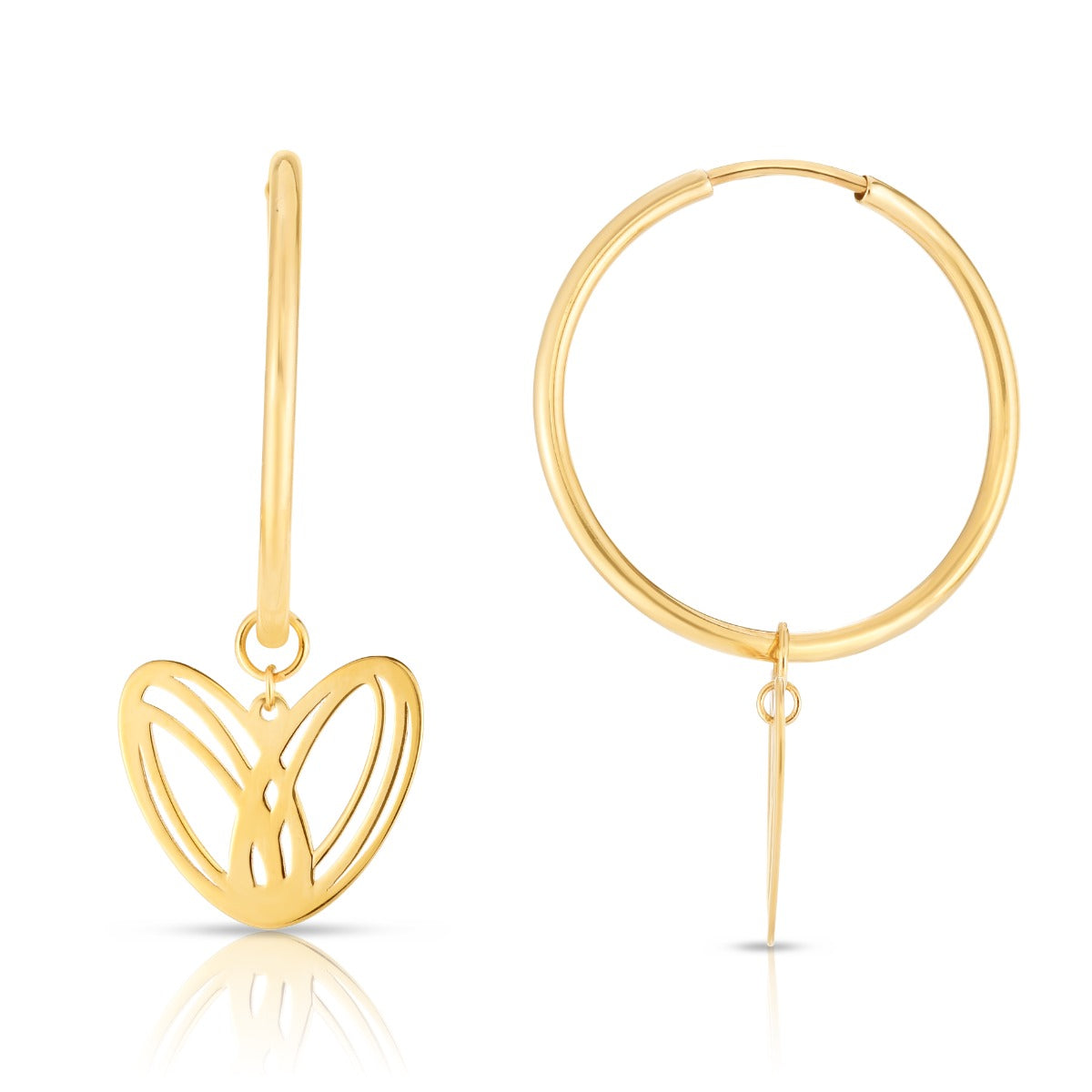 14K Gold Polished Modern Heart Charm Drop on Endless Hoop Earrings