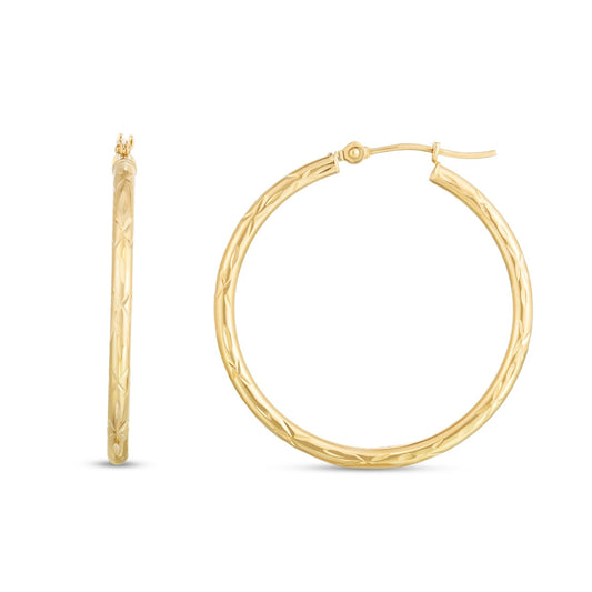 14K Gold Diamond Cut Round Hoop Earrings with Hinged Clasp