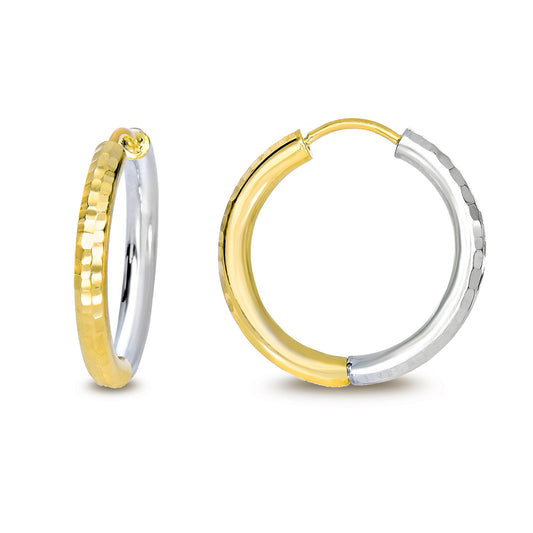 14K Gold Yellow & Diamond Cut Hoop Earring